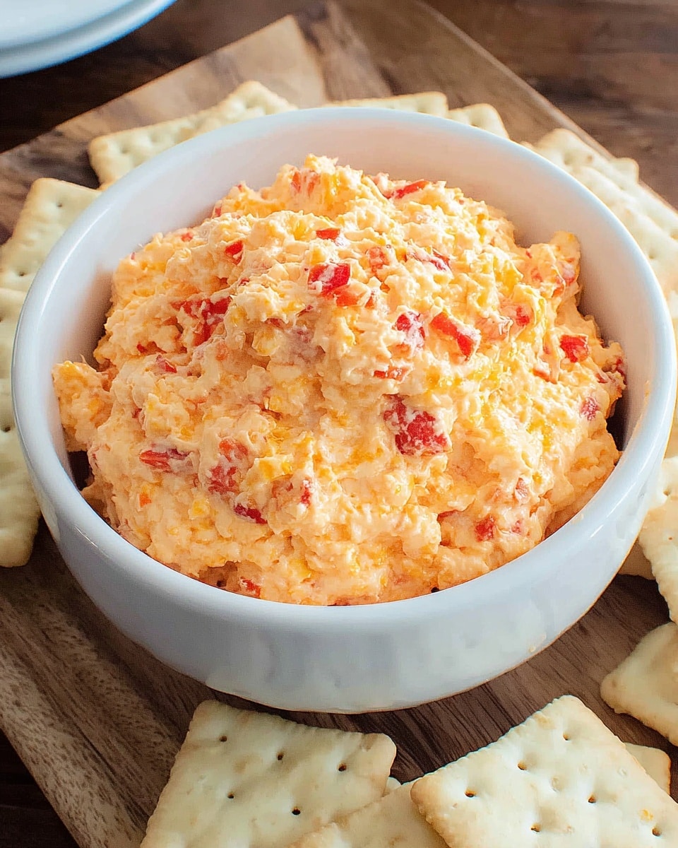 A close-up image of a white bowl filled with a creamy orange cheese spread mixed with small pieces of red peppers, creating a slightly textured and chunky surface; the bowl sits on a wooden board surrounded by square, lightly salted cream-colored crackers with small holes. Photo taken with an iphone --ar 4:5 --v 7