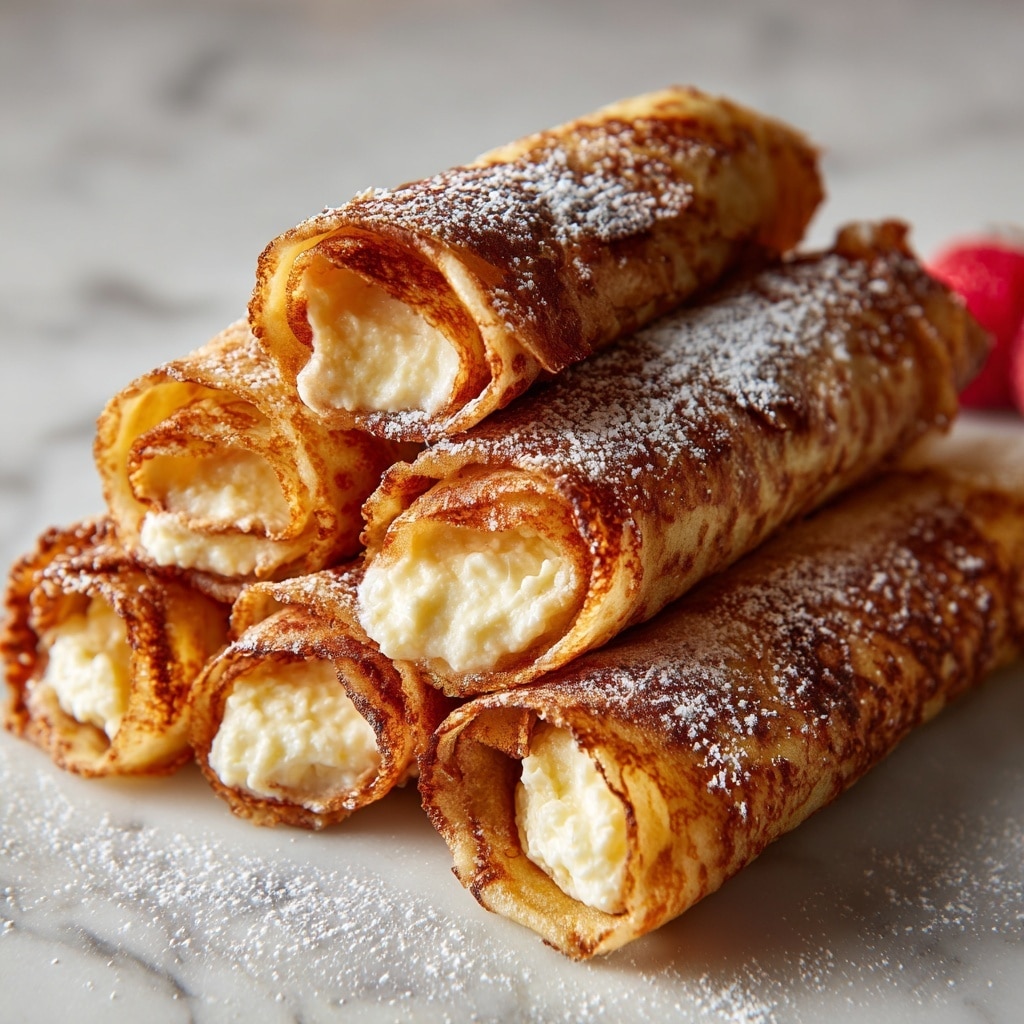 The image shows a close-up of four golden-brown rolled crepes stacked on top of each other, dusted lightly with powdered sugar. The crepes have a soft and slightly crispy texture on the outside with visible layers where they are rolled, showing some creamy filling inside. The background is a white marbled texture with a hint of a red object in the corner. The lighting highlights the warm, inviting color of the crepes. Photo taken with an iphone --ar 4:5 --v 7
