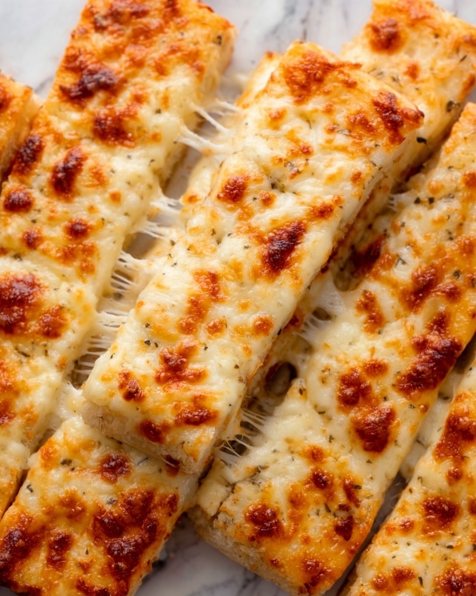The image shows several rectangular slices of cheesy bread with a golden brown top layer of melted cheese that is bubbly and slightly browned. One slice is being pulled away by a woman's hand, stretching gooey, melted cheese between the separated pieces. The bread underneath is soft and light yellow with a slightly crispy crust on the edges. The slices are placed closely together on a white marbled surface. photo taken with an iphone --ar 4:5 --v 7