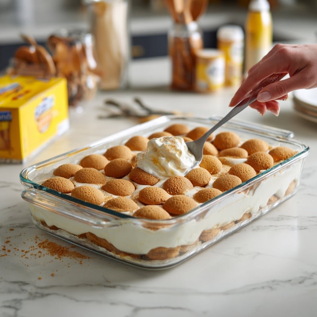 A rectangular clear glass dish with three visible layers: the bottom layer is a pale yellow creamy base, the middle layer consists of alternating round slices of orange fruit and pale yellow banana pieces arranged in a neat grid covering the entire surface, and the top layer is a thick white cream being spread with a blue spatula held by a woman's hand. The dish is placed on a white marbled surface. Photo taken with an iphone --ar 4:5 --v 7