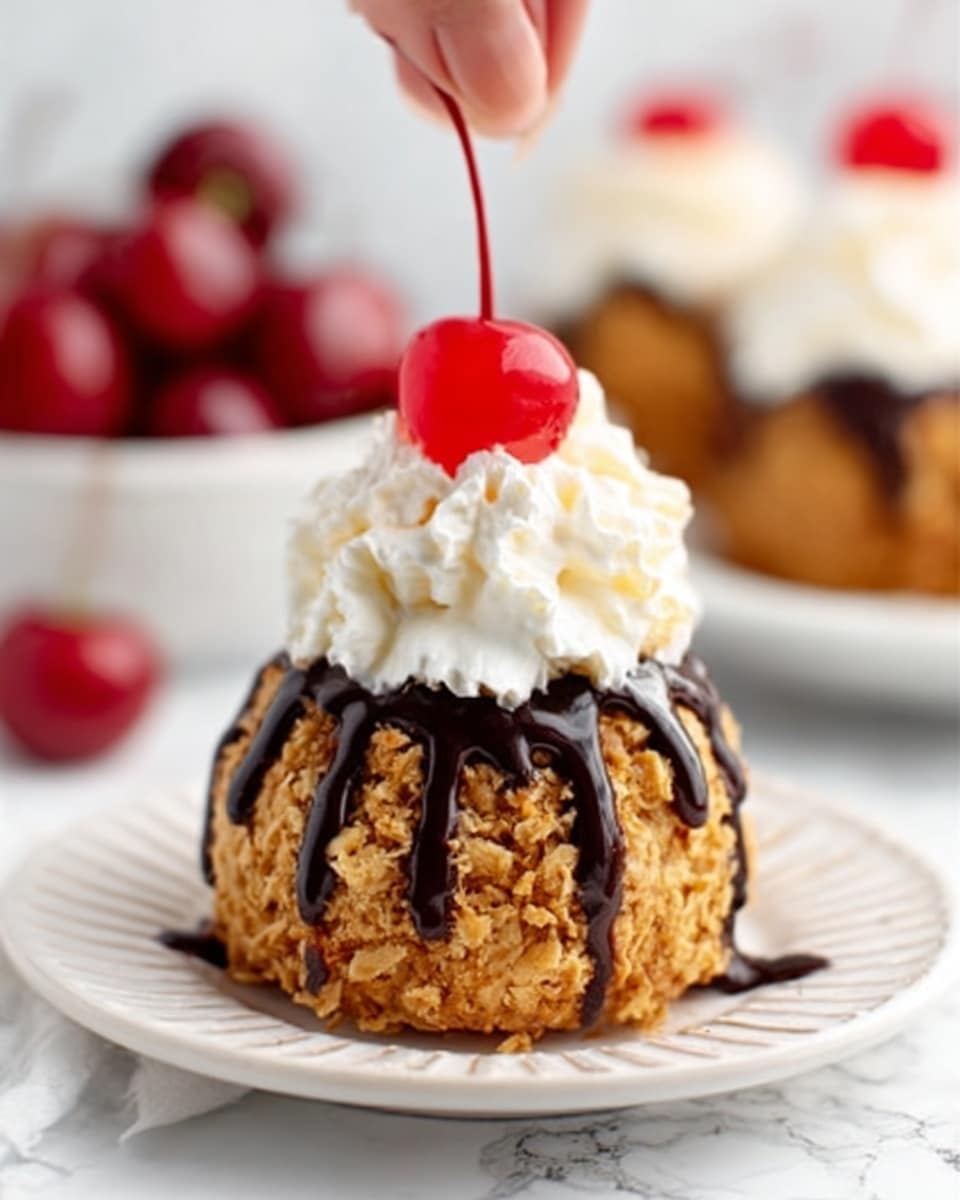 A single round dessert sits on a white plate with soft ridges on the edge. The dessert has a rough, golden brown outer layer that looks crunchy, with dark chocolate drizzle running down the sides unevenly. On top, there is one thick swirl of white whipped cream that appears smooth and soft, crowned by a bright red cherry with a small stem. In the background, a bowl filled with more cherries is partially visible on a white marbled surface. A woman's hand is gently placing the cherry on the whipped cream. Photo taken with an iphone --ar 4:5 --v 7