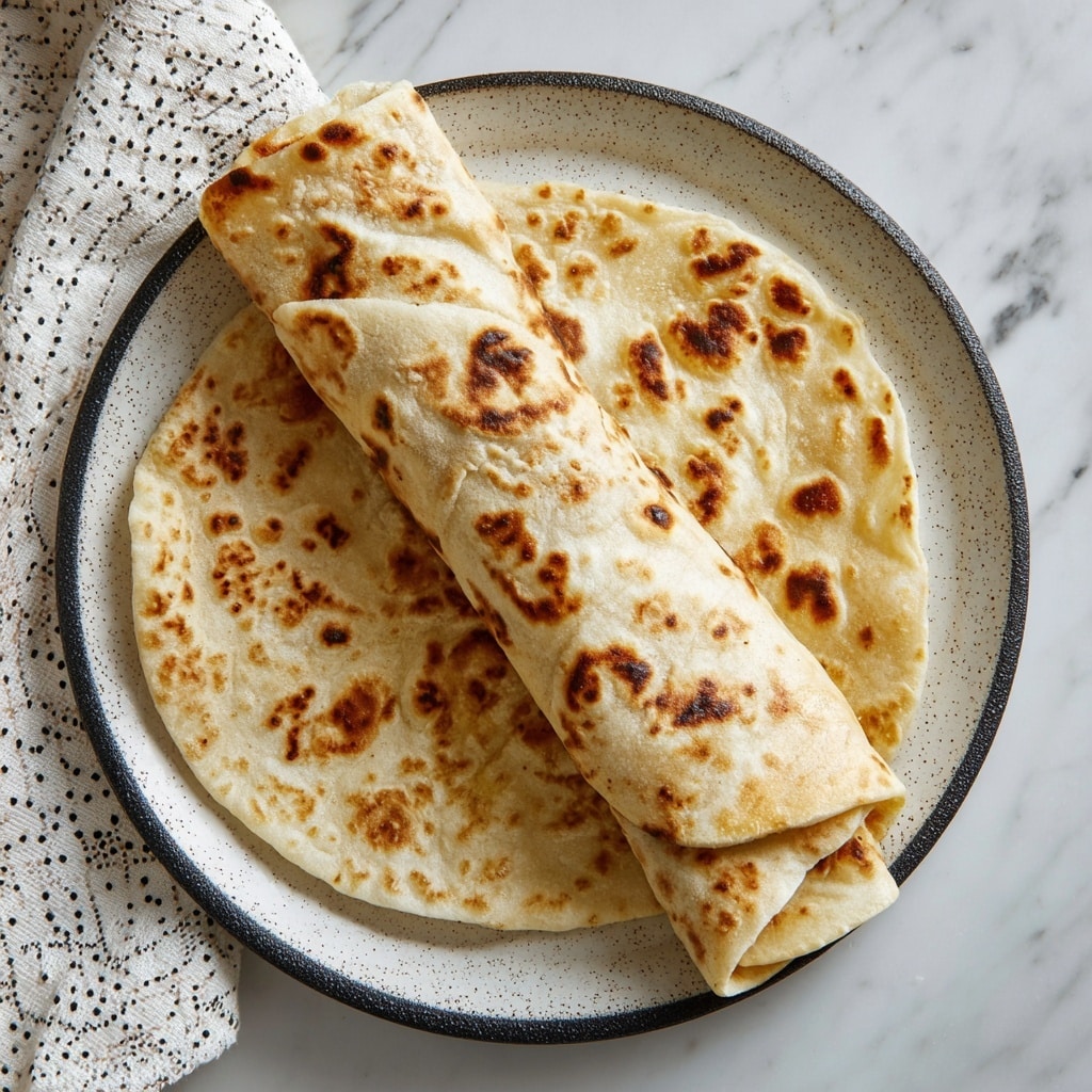 The image shows two flatbreads placed on a white round plate, which is set on a white marbled surface with a grey cloth decorated with small gold dots underneath. One flatbread lies flat on the plate, showing a light beige color with darker toasted brown spots scattered unevenly across its rough and slightly wrinkled texture. The second flatbread is rolled up and rests diagonally on top of the flat one, featuring the same toasted pattern and texture. Photo taken with an iphone --ar 4:5 --v 7