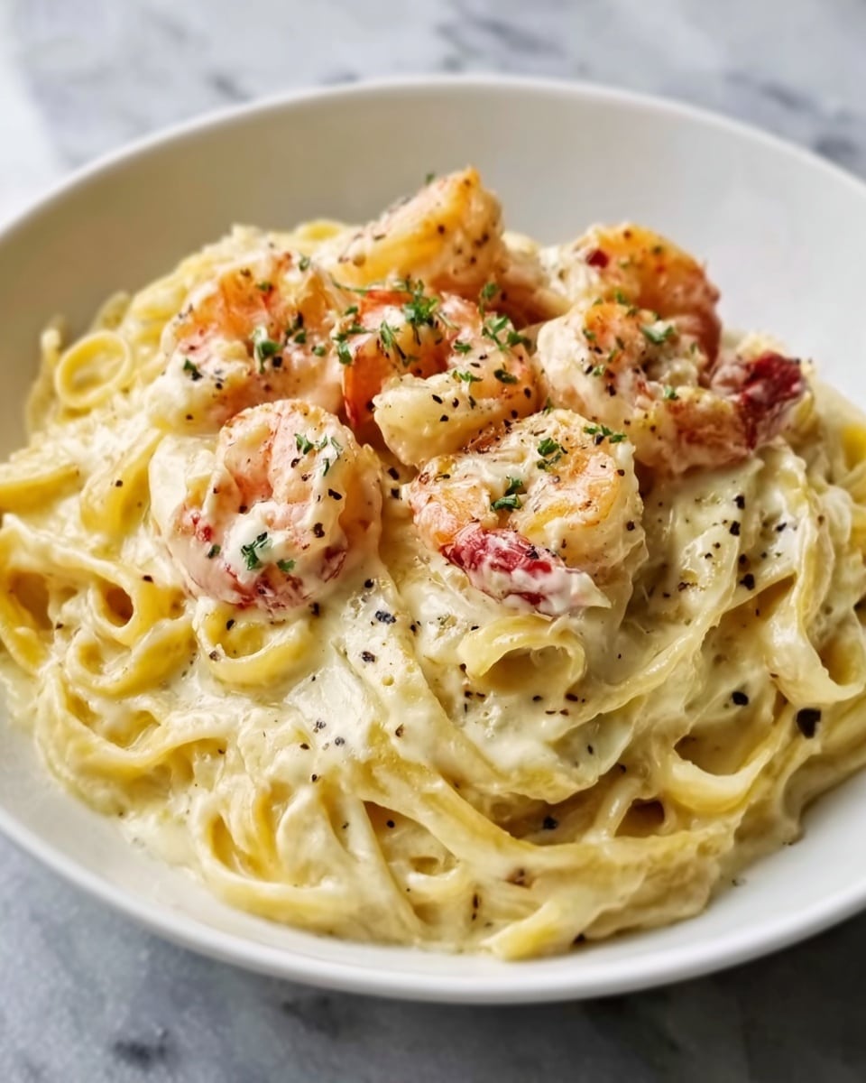 A white plate filled with long, creamy spaghetti pasta layers at the bottom, topped with pieces of cooked lobster that are orange and white in color. There are bits of green herbs sprinkled all over the dish, adding a fresh touch. The sauce looks thick, smooth, and pale yellow, covering the pasta and lobster evenly. The background is a white marbled texture. Photo taken with an iphone --ar 4:5 --v 7