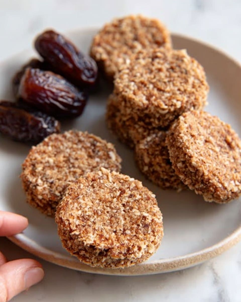 The image shows a tall stack of six round cookies with a rough texture, made of oats and seeds. The cookies look dense and chewy, with visible grains and tiny dark spots scattered throughout. They are stacked unevenly on a white marbled surface with a blurred background showing a dark bowl filled with more cookies. The lighting highlights the grainy texture and natural colors of the cookies, creating a warm, homemade feel. photo taken with an iphone --ar 4:5 --v 7