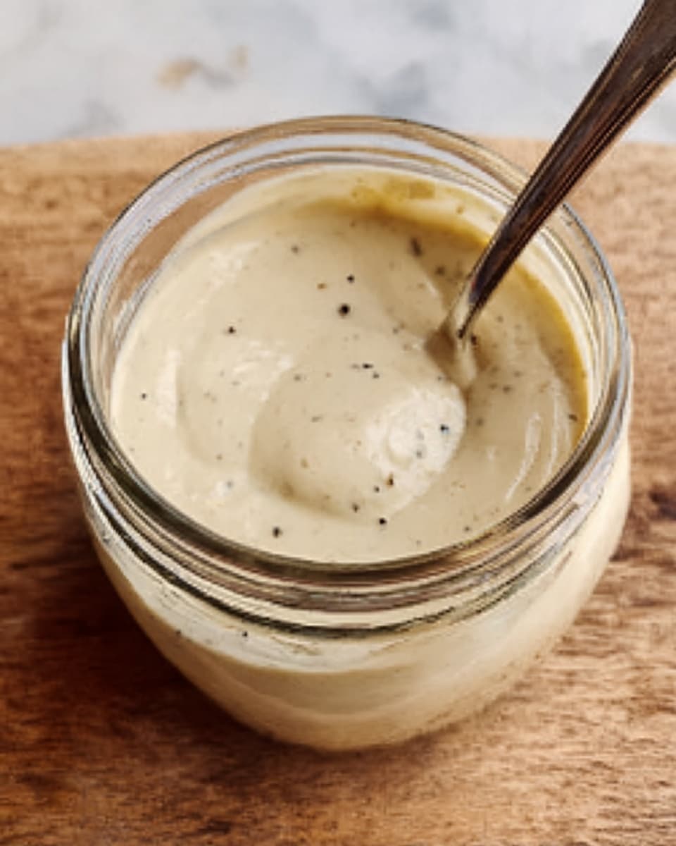 The image shows an open glass jar with a creamy beige sauce inside. The sauce is thick and smooth with small black pepper bits scattered throughout. A metal spoon is dipped into the sauce, resting inside the jar. The jar is placed on a wooden surface which should be replaced by a white marbled texture. The sauce fills most of the jar, and the spoon handle extends out of the jar toward the top right. Photo taken with an iphone --ar 4:5 --v 7