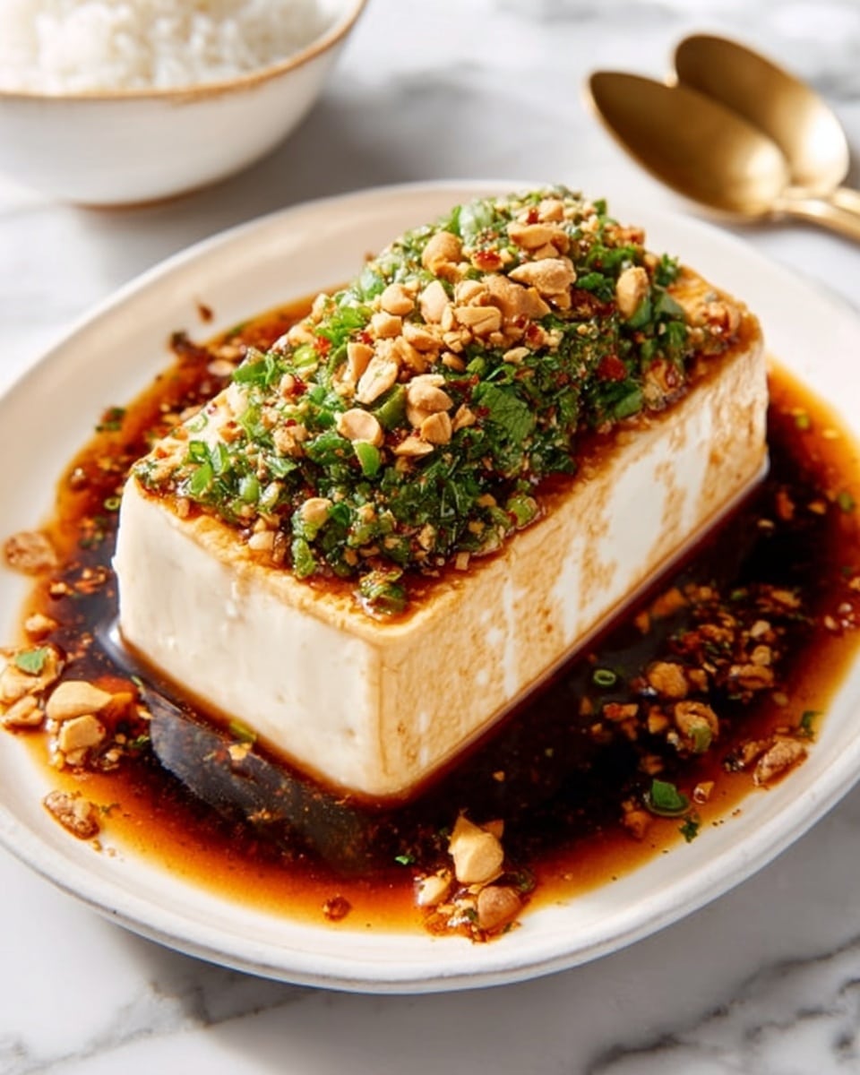 A large white rectangular block of tofu sits in the middle of a glossy dark brown sauce that spreads in a thick ring around it on a white plate. The tofu has a light golden-brown crust on top, where a dense topping of chopped green herbs, crushed peanuts, and small bits of fried garlic or chili rests, adding texture and color contrast. The plate is placed on a white marbled surface, with a golden spoon nearby and a bowl of white rice blurred softly in the background. photo taken with an iphone --ar 4:5 --v 7