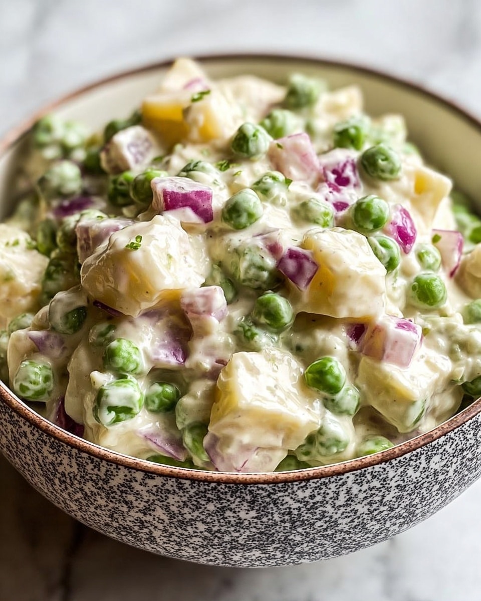 A close-up of a creamy salad in a white bowl filled with a thick, off-white sauce. The salad has three main layers visible: bright green peas scattered throughout, light purple chopped onions, and soft, light yellow potato cubes all mixed together in the creamy dressing. The texture looks smooth with chunks, and the bowl rests on a white marbled surface. photo taken with an iphone --ar 4:5 --v 7