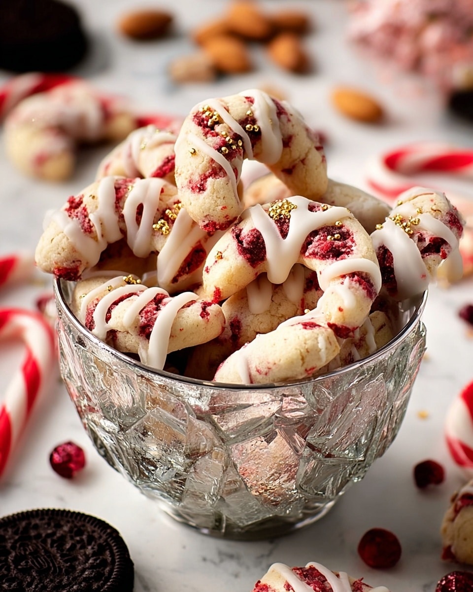 The image shows several crescent-shaped cookies with a light golden-brown color and small red bits inside, arranged upright inside a round silver bowl with a textured reflective surface. Each cookie is drizzled with white icing and sprinkled with tiny gold star decorations. Around the bowl on a white marbled surface are red and white striped candy canes, whole almonds, pine cones, and a few more cookies with similar icing and star sprinkles. The overall setting has a festive and cozy feel, with soft lighting highlighting the textures and colors. photo taken with an iphone --ar 4:5 --v 7