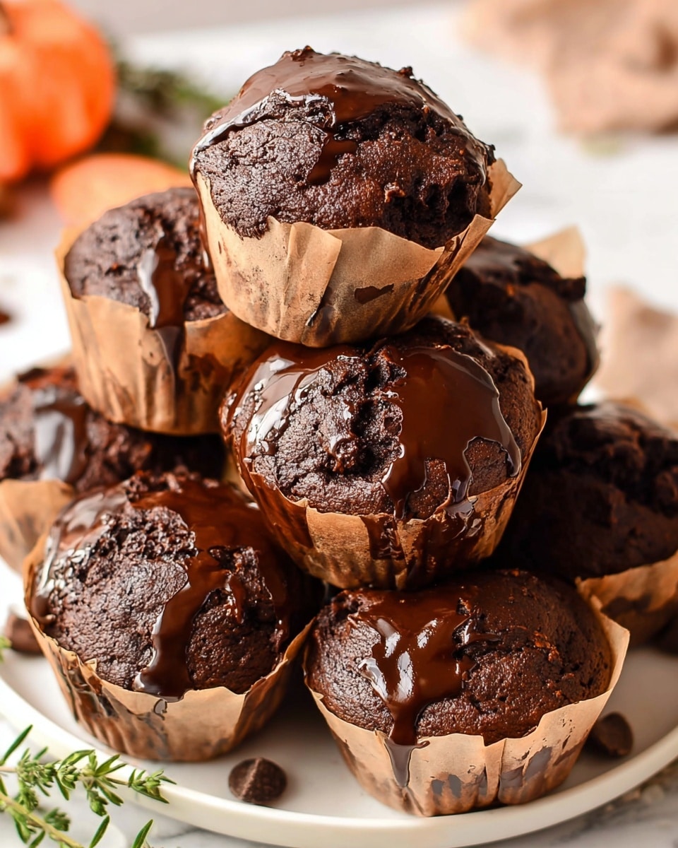 A pile of eight dark chocolate muffins tightly arranged on a white textured plate, each muffin wrapped in light brown parchment paper that curves around the sides, with thick, glossy chocolate sauce dripped unevenly over the top of each muffin, highlighting the rough, cracked texture of the muffins' tops. The background shows a soft white marbled surface with faint orange and green blurred elements. photo taken with an iphone --ar 4:5 --v 7