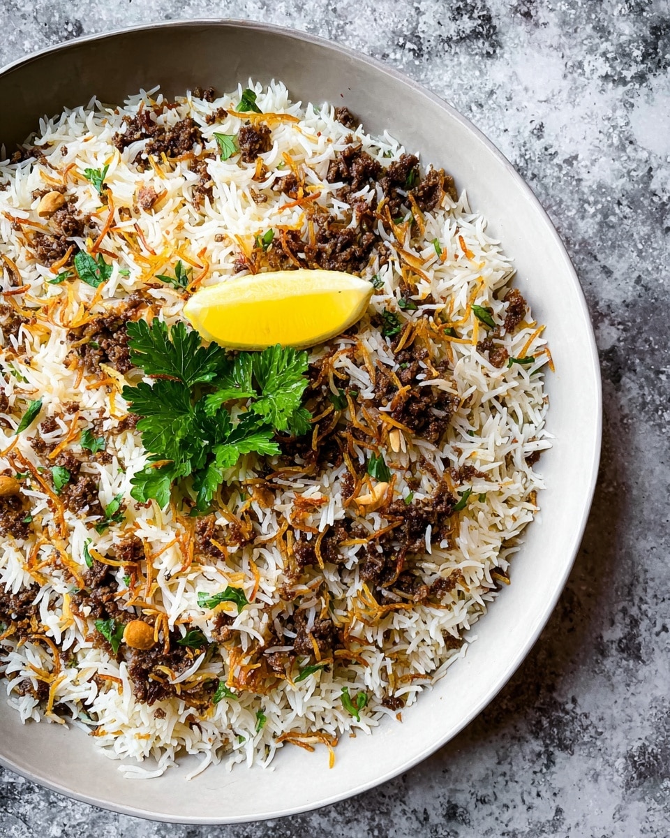 A close-up image shows a large white bowl filled with a mixed rice dish on a white marbled textured surface. The dish has three visible layers: at the bottom is white fluffy basmati rice, scattered on top are thin, golden toasted noodles, and sprinkled throughout are cooked small ground beef pieces in dark brown. There are also some small toasted nuts and chopped green herbs mixed in. On top, a garnish of fresh green parsley leaves and a wedge of bright yellow lemon is placed in the center. The texture looks light and fluffy with bits of crunch from the toast and nuts. Photo taken with an iphone --ar 4:5 --v 7