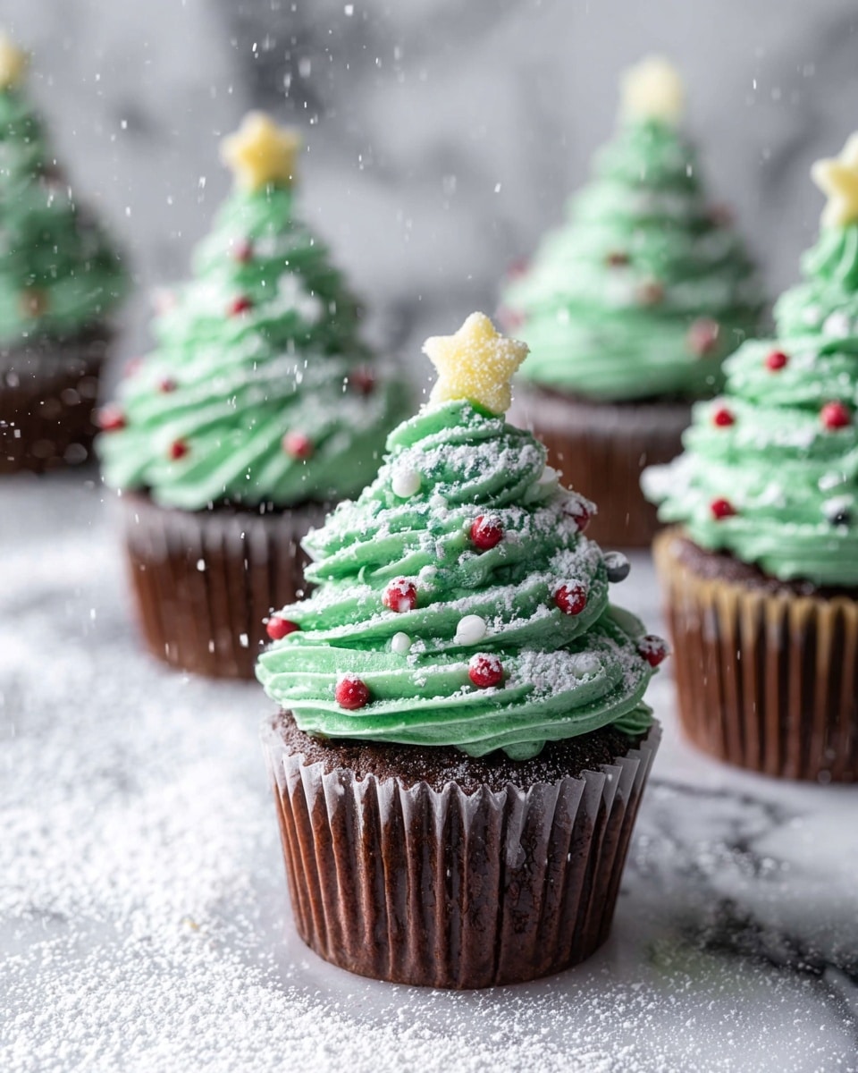 A single chocolate cupcake with a crinkled brown paper liner sits on a white marbled surface dusted with white powdered sugar. The cupcake has one layer of rich, dark brown cake topped with a tall swirl of bright green frosting shaped like a Christmas tree, smooth and fluffy with defined ridges. On top of the frosting is a small golden star-shaped decoration. The blurred background features soft white shapes suggesting a winter theme. Photo taken with an iphone --ar 4:5 --v 7