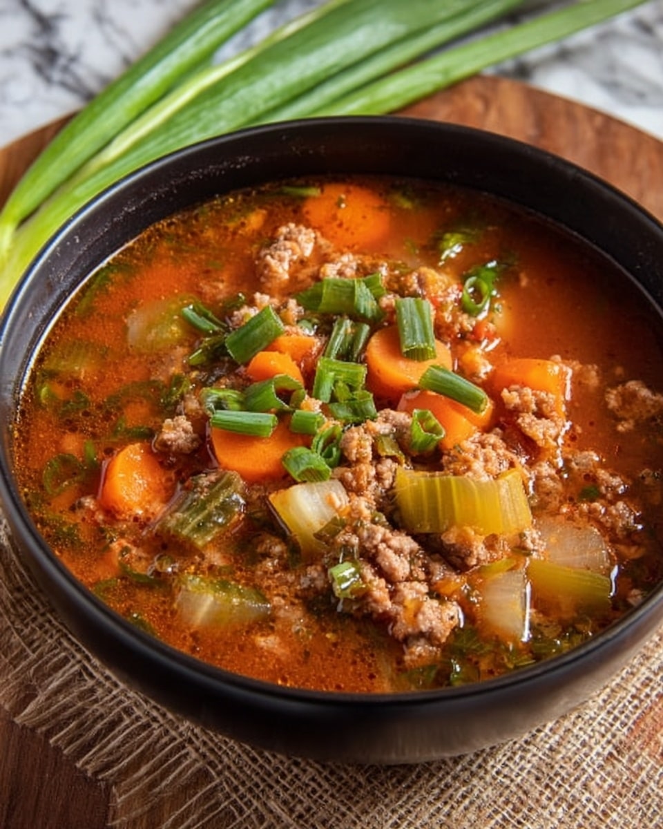A close-up of a black bowl filled with a chunky soup consisting of three main layers: the top layer has bright green chopped scallions sprinkled over the soup, the middle layer shows a mix of orange carrot slices, light green celery pieces, and brown ground meat, all immersed in a rich reddish-brown broth, and the bottom layer is the deep, hearty broth itself. The bowl is placed on a piece of burlap, resting on a wooden surface, with a few green onions lying beside it. The background is changed to a white marbled texture. photo taken with an iphone --ar 4:5 --v 7