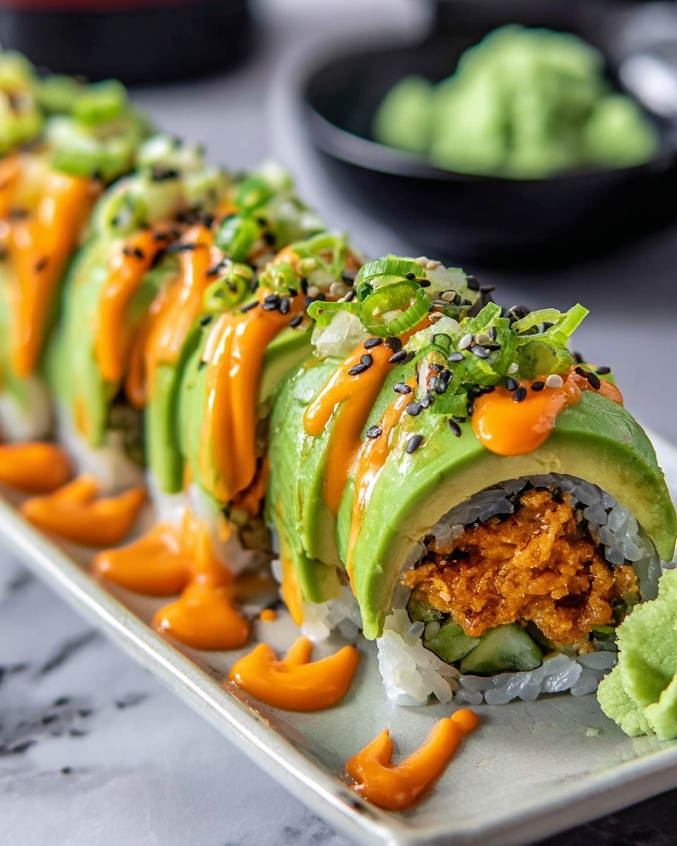 A roll of sushi cut into eight pieces sticks in a line on a long white plate with a slight shine. Each piece shows three layers inside: bright orange fish roe, pale yellow avocado, and white rice wrapped with a thin dark seaweed layer. On top, there is a green smooth sauce spread evenly, waved with thick orange sauce drizzled in zig-zag lines. The sushi is sprinkled with small black and white sesame seeds and a few pieces of green herb leaves. Two small black bowls with dipping sauces sit blurred in the background, while the plate is set on a white marbled surface. Photo taken with an iphone --ar 4:5 --v 7