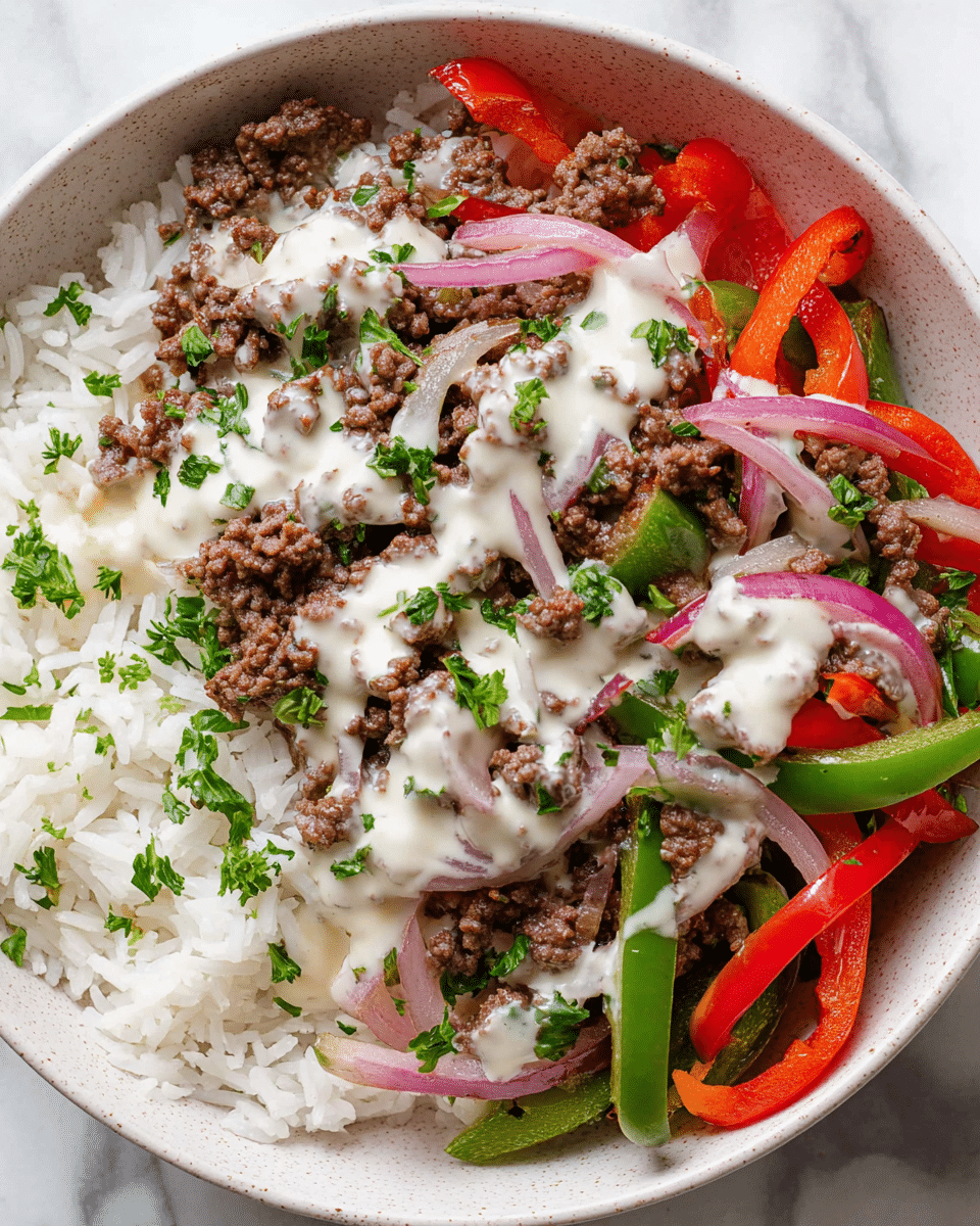 A white bowl with a base layer of white cooked rice, topped with cooked ground beef spread across the middle. On each side of the beef, there are sautéed strips of red bell pepper, green bell pepper, and translucent cooked onions, creating two colorful vegetable sections. A creamy white sauce is drizzled over the ground beef and some parts of the rice and vegetables. Fresh green parsley leaves are sprinkled on top, adding a fresh touch. The bowl sits on a white marbled surface with some fresh parsley placed next to it. Photo taken with an iphone --ar 4:5 --v 7