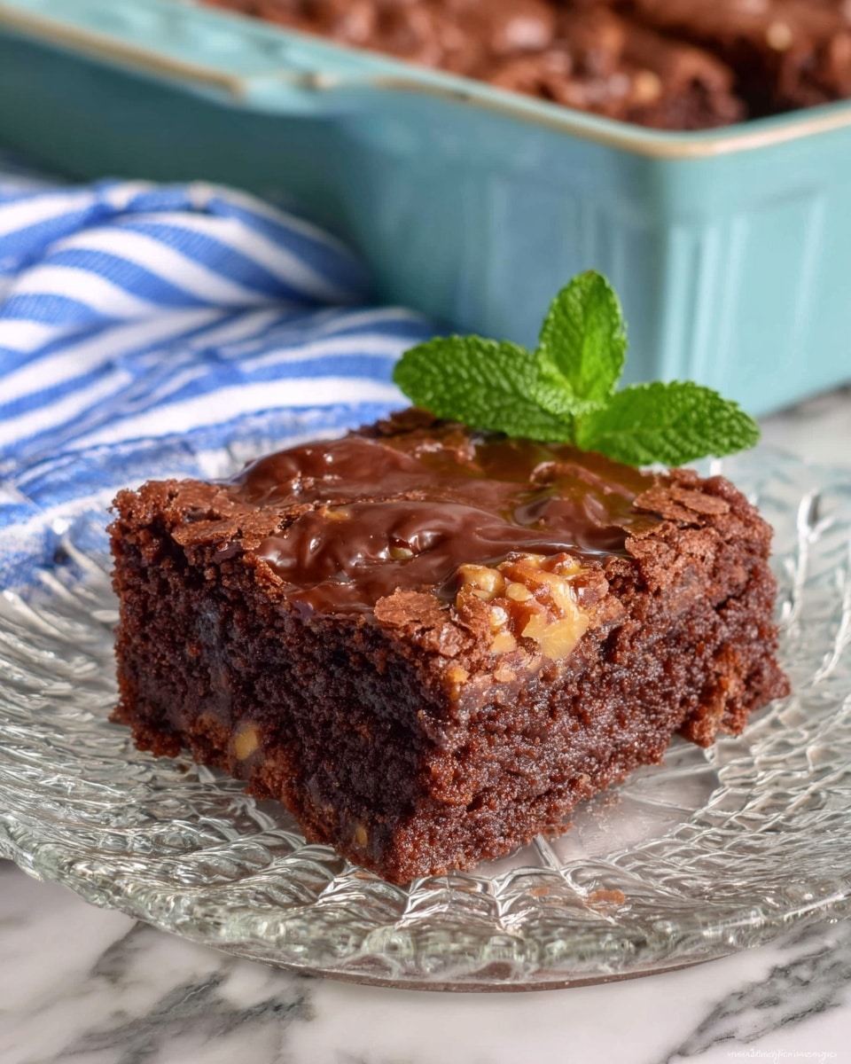 A close-up of a single square piece of chocolate walnut brownie placed on a clear glass plate with intricate patterns. The brownie has two visible layers: a dense, dark brown base with a slightly crumbly texture and a thick, glossy chocolate top layer swirled with chunks of walnuts. Behind the plate, there is a green mint leaf and a soft blue and white striped cloth, all sitting on a white marbled surface. In the background, there is a pale blue ceramic cup partially visible. Photo taken with an iphone --ar 4:5 --v 7