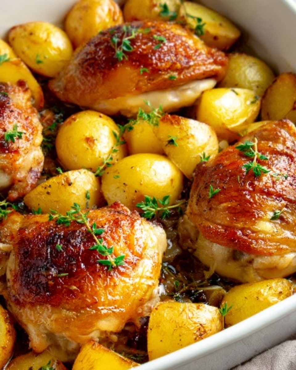 The image shows a white square baking dish filled with three browned chicken thighs on top. The chicken skin is golden and crispy with visible black pepper specks and sprigs of fresh green thyme placed on each thigh. Around the chicken, there are small, halved roasted potatoes with golden brown edges and some translucent cooked onion pieces mixed in a light golden sauce that fills the bottom of the dish. The dish is resting on a surface with a white marbled texture. photo taken with an iphone --ar 4:5 --v 7