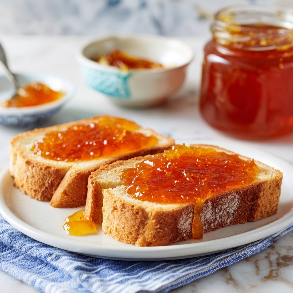 The image shows two slices of light brown toasted bread on a white plate, each slice topped with a thick layer of glossy amber-colored jam or marmalade, with a bit dripping onto the plate. The bread appears soft and airy inside with a crispy crust. In the background, there is a glass jar filled with the same jam and a small white bowl with a light spread. The plate rests on a blue and white striped cloth, all set on a white marbled textured surface. Photo taken with an iphone --ar 4:5 --v 7
