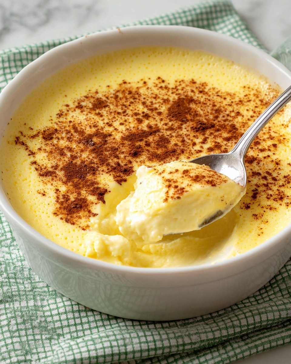 A white bowl filled with a creamy, pale yellow pudding with a smooth surface sprinkled with a light dusting of cinnamon or nutmeg on top, showing a thick, custard-like texture with a spoon scooping some out near the side, revealing the soft and slightly fluffy inside. The bowl has two handles and is placed on a white marbled surface with a cloth underneath. Photo taken with an iphone --ar 4:5 --v 7