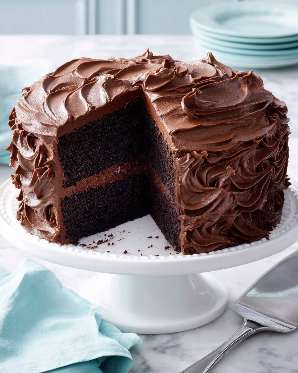 A two-layer round chocolate cake on a white cake stand, with thick and rich dark chocolate frosting covering the entire cake. The frosting is textured with smooth, swirled peaks all over the top and sides. The inside shows two soft, moist chocolate layers separated by a thin, smooth chocolate filling. The cake stand is placed on a light blue cloth over a white marbled surface, with a silver cake server nearby. Photo taken with an iphone --ar 4:5 --v 7