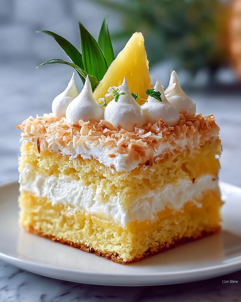 A close-up of a three-layer yellow cake slice with a soft, crumbly texture, each layer separated by thick, smooth white cream filling. The top layer is decorated with shredded white coconut and a small triangular piece of yellow fruit. The cake sits on a white plate, placed on a white marbled surface, with a slightly blurred background. photo taken with an iphone --ar 4:5 --v 7
