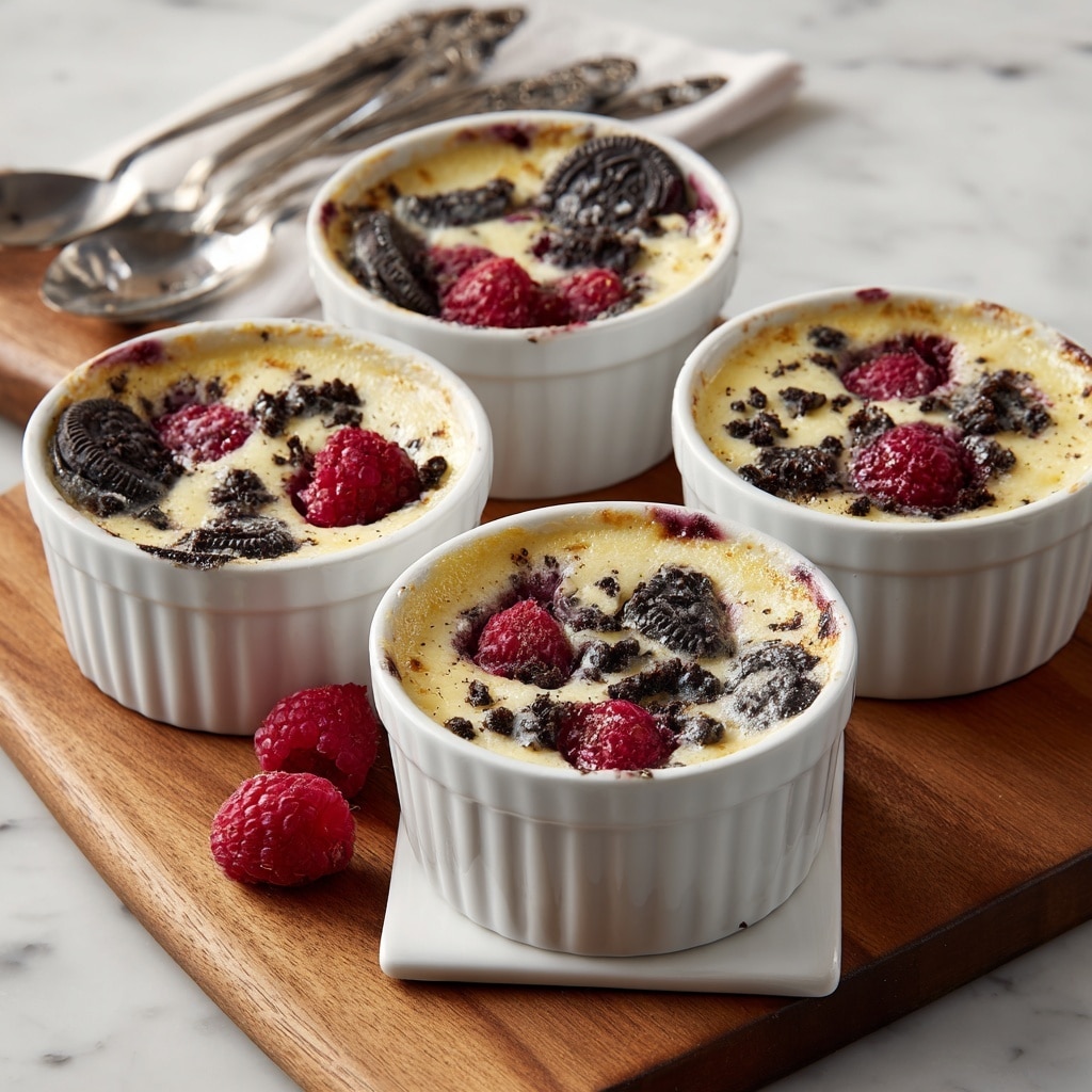 Four white ceramic ramekins hold a dessert with three visible layers: a golden-brown baked layer on top, scattered with black broken cookie pieces and deep red raspberries, sitting on a creamy pale yellow base that fills the ramekins. Each ramekin shows slight pinkish stains on the edge from the raspberry juice. Three silver spoons with decorative handles rest on a wooden board behind the ramekins, which sits on a white marbled surface. One ramekin is placed on a small white square coaster in front. photo taken with an iphone --ar 4:5 --v 7