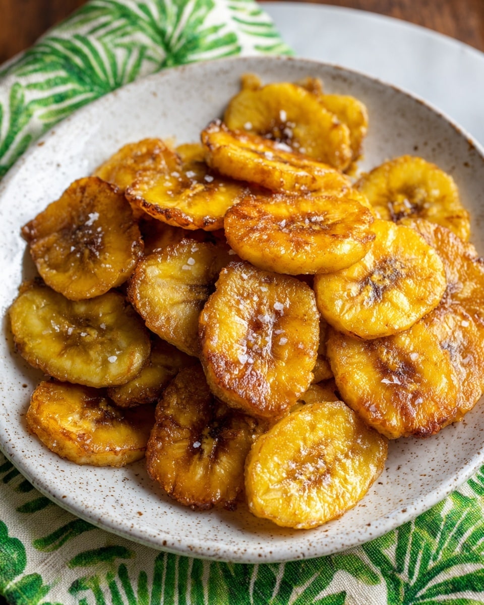 The image shows a white speckled plate filled with a pile of golden-yellow fried plantain slices. Each slice is thick and has a glossy, caramelized surface with dark brown, slightly crispy edges and light sprinklings of salt on top. The plantains are layered unevenly, overlapping each other, creating a textured look. The plate sits on a green and white patterned cloth over a white marbled surface. photo taken with an iphone --ar 4:5 --v 7