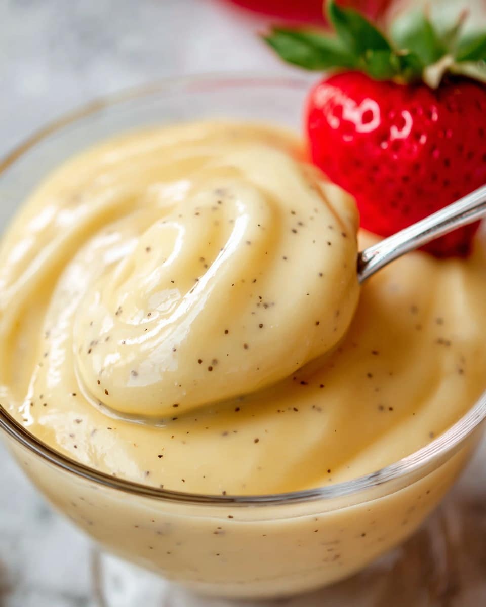 This image shows a close-up of a creamy, pale yellow vanilla pudding with tiny black vanilla bean specks scattered throughout. The pudding has a smooth, thick, and glossy texture, with soft folds and swirls visible. A silver spoon is scooping up a generous portion from a clear glass bowl, sitting beside a bright red strawberry with a fresh green leaf on its right side. The background features a white marbled texture, softly blurred to keep focus on the pudding. photo taken with an iphone --ar 4:5 --v 7
