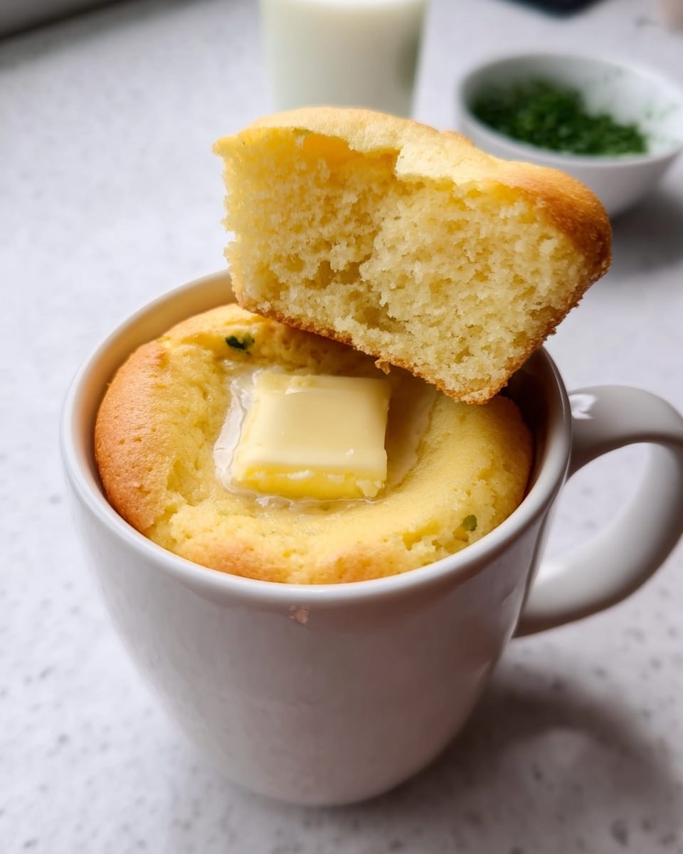 A white mug filled with a soft, golden yellow mug cake that has risen above the rim, topped with a small square of butter melting in the center. The top piece of the cake is cut off and held above the mug, showing a light and fluffy interior with a slightly browned edge. The background is a white marbled countertop with a small glass of milk and a white bowl containing green herbs slightly blurred in the distance. Photo taken with an iphone --ar 4:5 --v 7