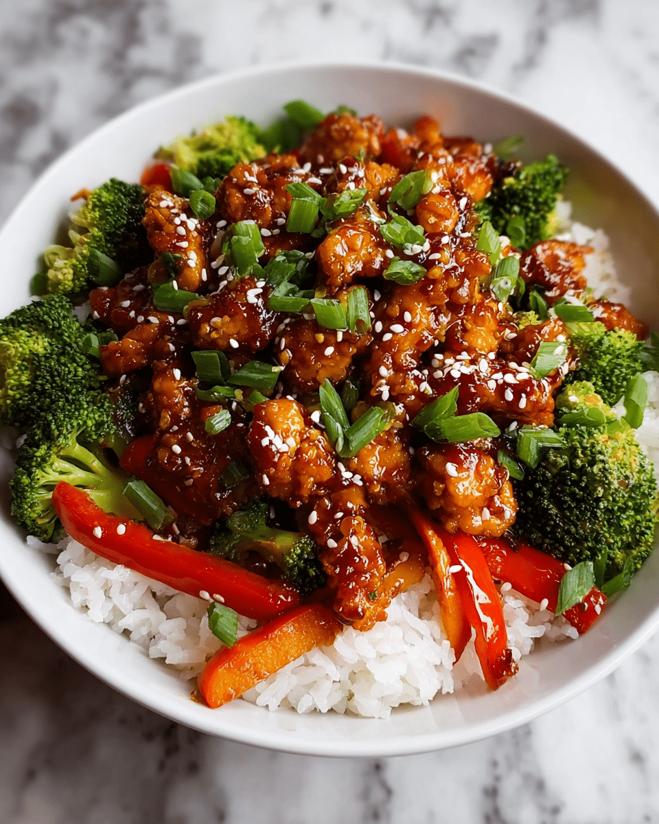 A close-up view of a stir-fry dish served in a white bowl shows three main layers: the bottom layer contains bright green broccoli florets with a slightly rough texture, the middle layer has red and yellow bell pepper slices that are smooth and shiny, and the top layer features pieces of golden-brown chicken glazed with a glossy sauce, sprinkled generously with white sesame seeds and chopped green onions scattered over the top. The dish is set on a white marbled surface. photo taken with an iphone --ar 4:5 --v 7
