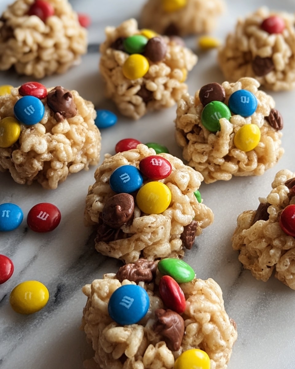 The image shows several small, square-shaped cereal treats made of light brown puffed rice bound together, arranged neatly on a baking tray lined with parchment paper. Each treat is topped with a colorful mix of red, blue, green, yellow, orange, and brown candy-coated chocolates, some embedded slightly into the cereal layer, while others rest prominently on top. The puffed rice texture is crispy and uneven, creating a bumpy surface with visible clusters. The tray sits on a white marbled textured surface, and the overall look is warm and inviting with a home-baked feel. photo taken with an iphone --ar 4:5 --v 7