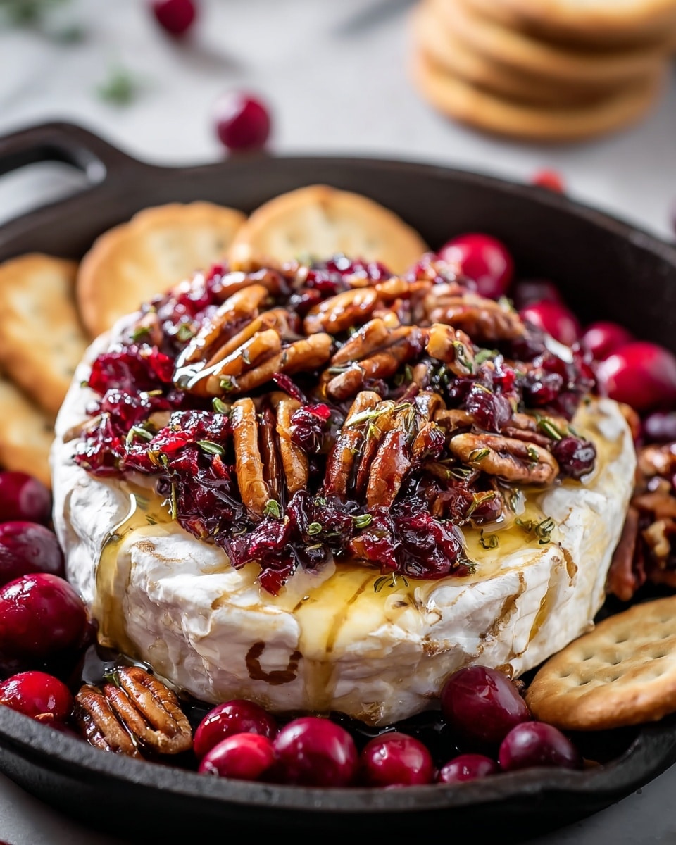 A round wheel of creamy white brie cheese sits in the center of a black cast iron skillet, topped with a thick layer of glossy dark red dried cranberries and shiny brown pecans mixed with herbs. The cheese’s rind is slightly wrinkled and soft, with some honey drizzle slowly dripping down the edges. Around the skillet, whole bright red cranberries and pecans are scattered, with some light tan round crackers visible at the edge, all placed on a white marbled surface. photo taken with an iphone --ar 4:5 --v 7