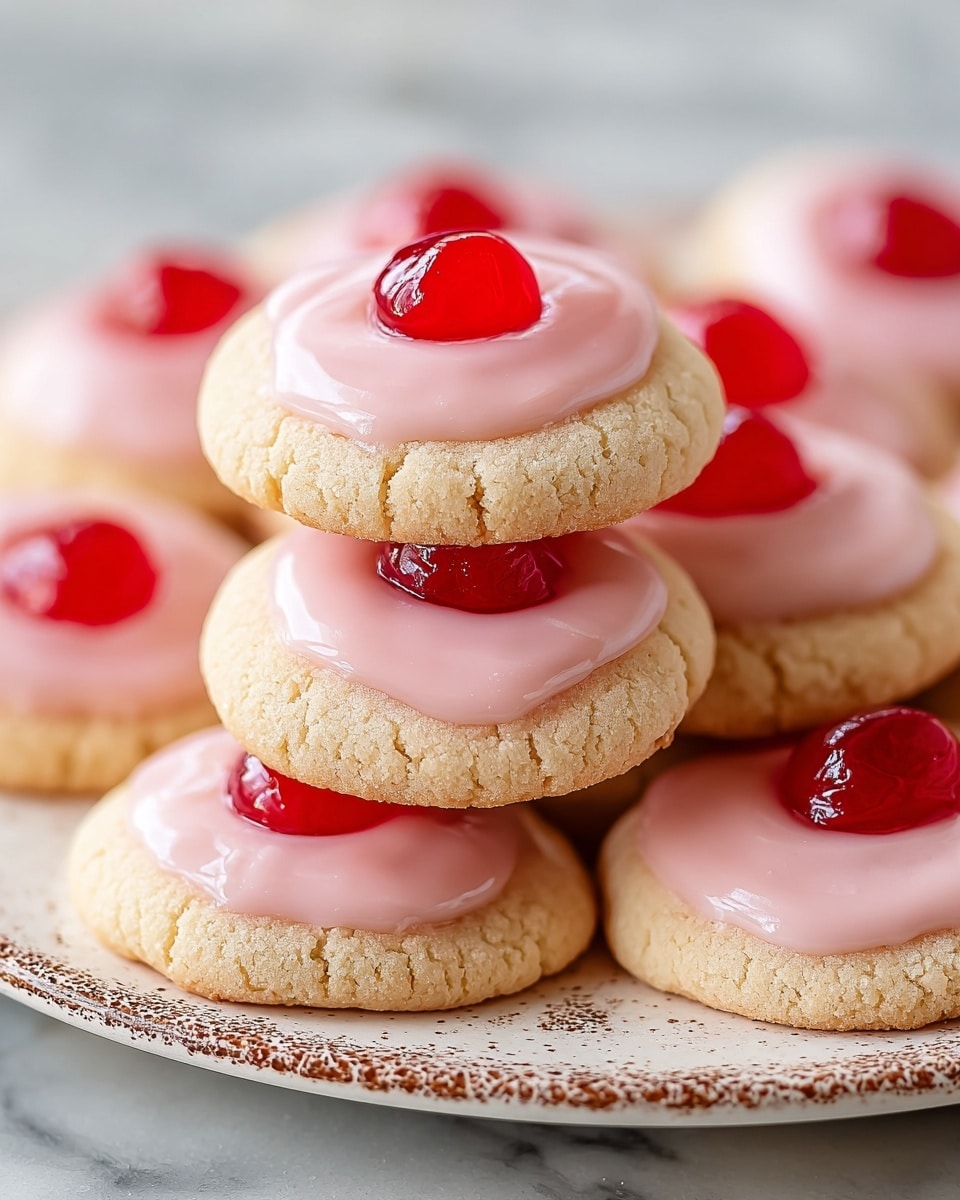 The image shows a stack of round cookies on a white plate with brown trim, set on a white marbled surface. Each cookie has three visible layers: the base is a light golden-brown, slightly crumbly cookie; the middle layer is smooth, glossy pale pink icing spread over the top; the top layer is a small, shiny red cherry centered on the icing. The cookies are arranged in a pile with two on top, clearly showing the texture and layers. The focus is sharp on the front cookies, while the background cookies blur softly. Photo taken with an iphone --ar 4:5 --v 7