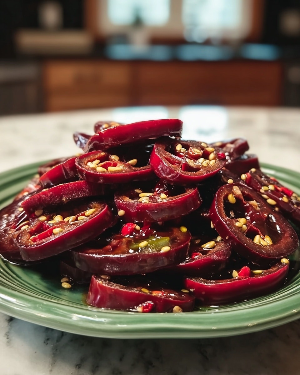 A green plate filled with a pile of dark red, sliced chili peppers, each slice showing seeds and some small bits of red and yellow inside, arranged in layers that create a shiny and slightly oily look. The plate is placed on a white marbled surface, with a kitchen background softly blurred behind it. Photo taken with an iphone --ar 4:5 --v 7