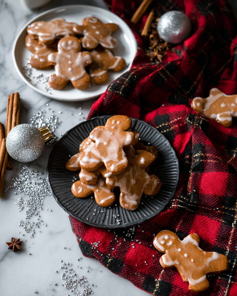 The image shows two plates full of gingerbread cookies shaped like people. The first plate, white and round, sits on the upper left side and holds about seven shiny, light brown gingerbread cookies with a smooth glaze. The second plate, black and round with ridged edges, is placed near the center on a red and black plaid cloth; it holds about nine gingerbread cookies stacked on each other, all shiny and smooth, with one cookie lying on the cloth nearby. Small silver round sprinkles are scattered around the plates along with some cinnamon sticks nearby on the white marbled surface. Three shiny silver Christmas ornaments sit on the plaid cloth near the black plate. The whole scene has a warm, festive look. photo taken with an iphone --ar 4:5 --v 7