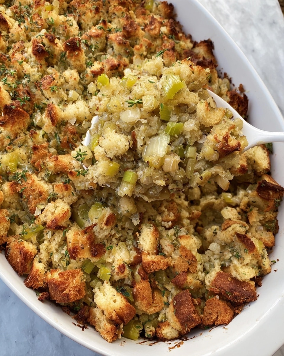 A white, oval baking dish holds a single-layer baked stuffing made of rough, uneven crumbled bread mixed with diced celery and onions. The texture is crumbly and soft with some golden-brown, crisp parts scattered across the surface. The celery pieces are light green and tender, while the onions are translucent and slightly browned. A white spoon lifts a scoop from the dish showing the chunky crumb mix held together with invisible binding, revealing the moist interior with hints of herbs sprinkled throughout. The dish rests on a white marbled texture. photo taken with an iphone --ar 4:5 --v 7
