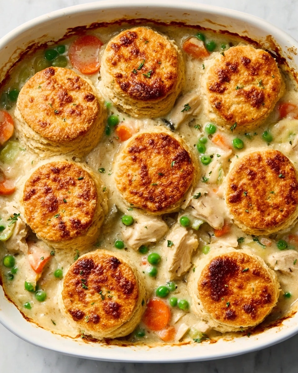 The image shows a white dish filled with a creamy chicken and vegetable stew topped with seven golden brown biscuits. The base layer is a thick, creamy sauce with pieces of cooked chicken, bright orange carrot slices, and small green peas mixed throughout. On top of this creamy mixture sit seven round, golden biscuits with a crispy and slightly flaky texture, browned evenly on top. The dish is set against a white marbled surface. photo taken with an iphone --ar 4:5 --v 7