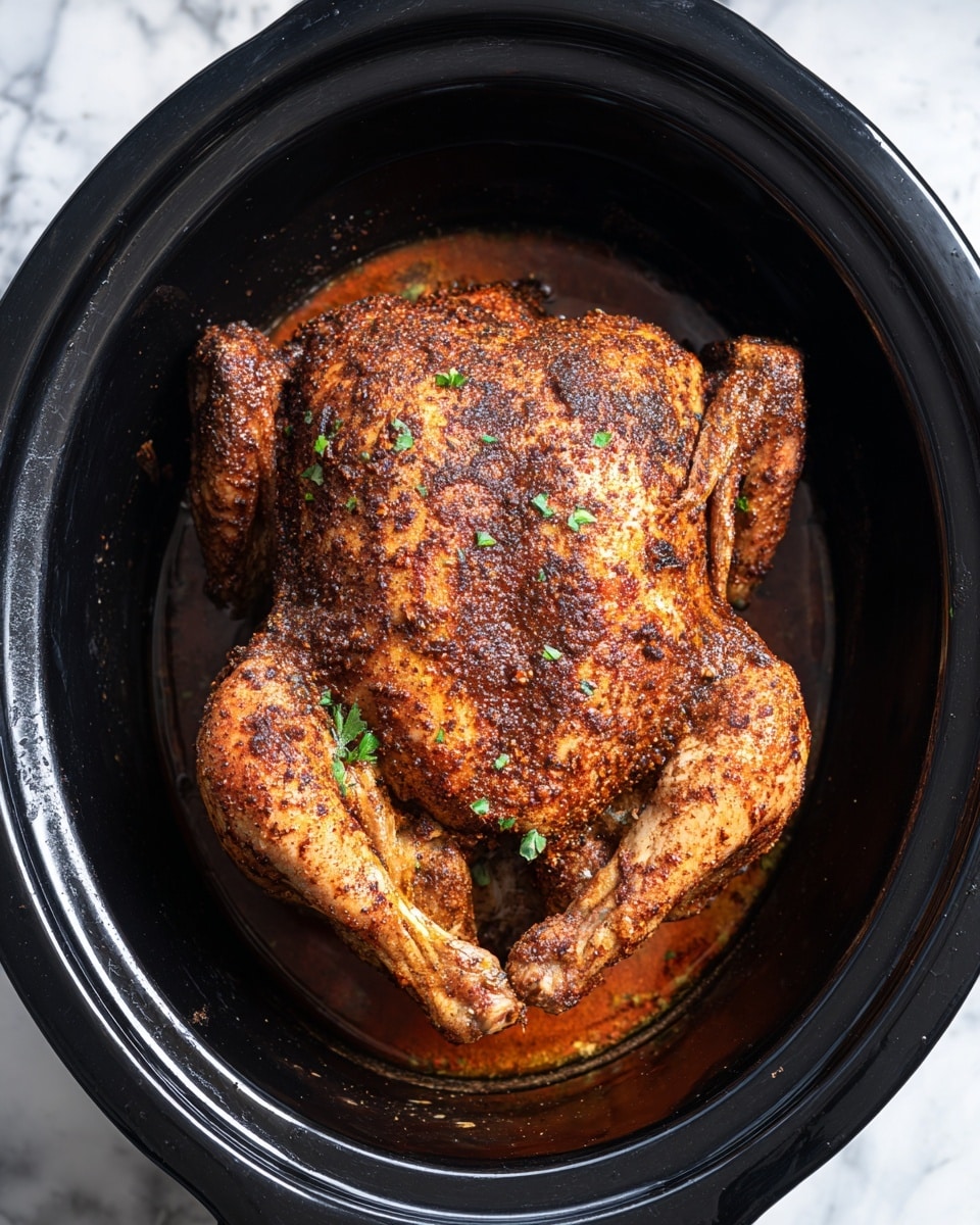 A whole roasted chicken with crispy golden-brown skin sits in the center of a black cooking pot, with its legs spread out and wings slightly tucked in. The chicken has a textured, seasoned surface with visible herbs and spices. Juices and melted fat pool gently around it inside the pot, which contrasts with the rich, warm color of the meat. The background is a white marbled texture. photo taken with an iphone --ar 4:5 --v 7