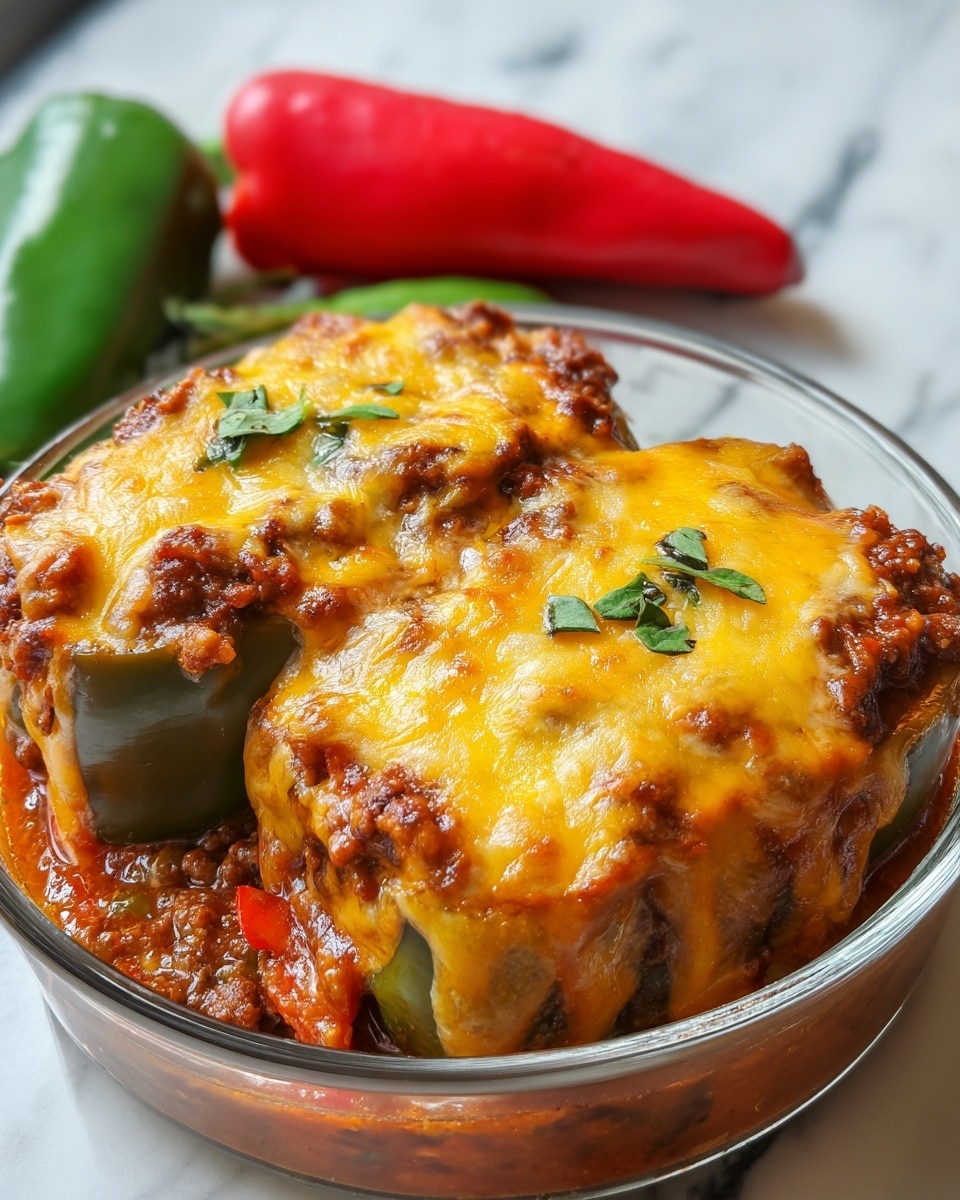 The dish shows two green bell peppers cut in half and filled with a rich brown ground meat mixture, placed side by side on a white plate. Each stuffed pepper is thickly covered with melted golden-yellow cheese that has light brown toasted spots on top. The peppers sit in a pool of bright red tomato sauce that spreads slightly on the white plate beneath them. In the blurry background, orange and yellow whole peppers are visible on a white marbled surface. photo taken with an iphone --ar 4:5 --v 7