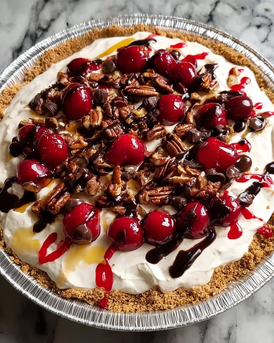 A pie with a crumbly light brown crust around the edges, filled with a smooth white creamy layer. On top, there are bright red cherries scattered across, mixed with whole and broken pecan nuts that add a rough texture. The pie is drizzled with dark brown chocolate syrup and red syrup, creating a shiny contrast on the white cream. It sits on a white marbled surface, and the pie is in a shiny silver aluminum pie dish. photo taken with an iphone --ar 4:5 --v 7