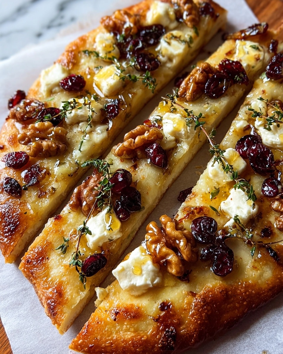 A rectangular flatbread with a golden brown crust sits on white parchment paper atop a white marbled texture. The flatbread is divided into six pieces, showing a thick, soft, and slightly chewy texture. The top layer is covered with melted, slightly browned cheese that has a smooth, creamy texture. Scattered over this are halved walnuts, deep reddish-brown dried cranberries, and small cubes of pale yellow cheese. Fresh green thyme sprigs are placed evenly on top, and a glossy drizzle of honey pools slightly around the base of the flatbread, adding shine and a sticky texture. Photo taken with an iphone --ar 4:5 --v 7