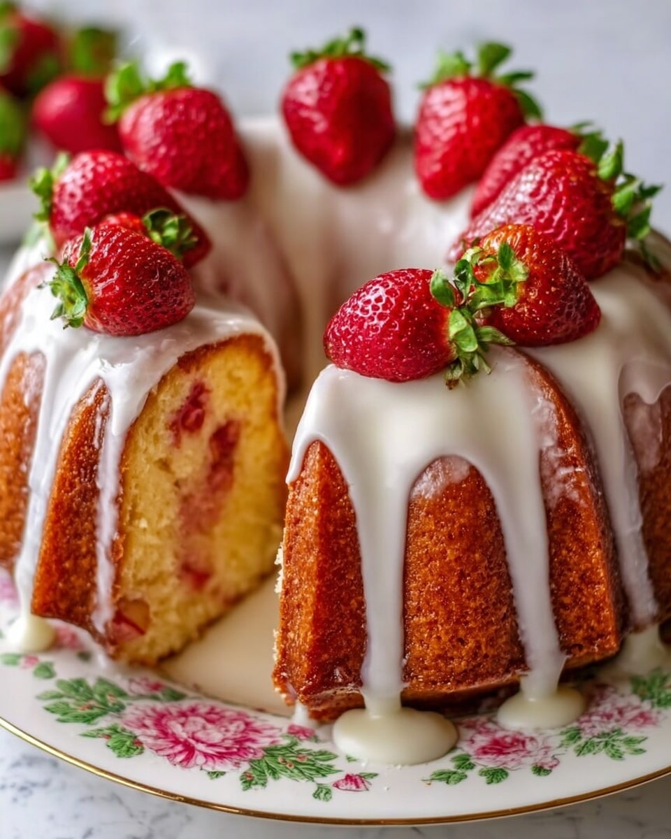 A round bundt cake with a golden brown outer layer and a soft, light yellow inside with pieces of red strawberry mixed throughout. The cake is covered by thick white icing that drips down the sides evenly, and the top is decorated with fresh, red strawberries with green leaves, placed around the hole in the middle. The cake sits on a white plate with a floral pattern, all set on a white marbled texture surface. photo taken with an iphone --ar 4:5 --v 7