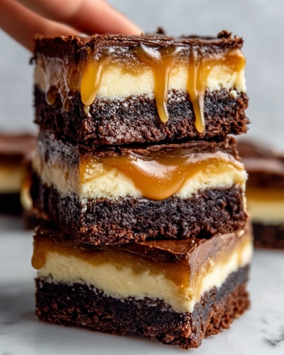 The image shows a stack of three thick brownie squares on a wooden board, each with three visible layers. The top and bottom layers are dark, fudgy chocolate brownies with a slightly rough texture. The middle layer is gooey caramel that oozes slightly, soft and shiny with a rich golden-brown color. In the middle brownie, there's a lighter creamy layer beneath the caramel that looks smooth and soft. The background has a white marbled texture, and a woman's hand is gently touching the board near the brownies. Photo taken with an iphone --ar 4:5 --v 7
