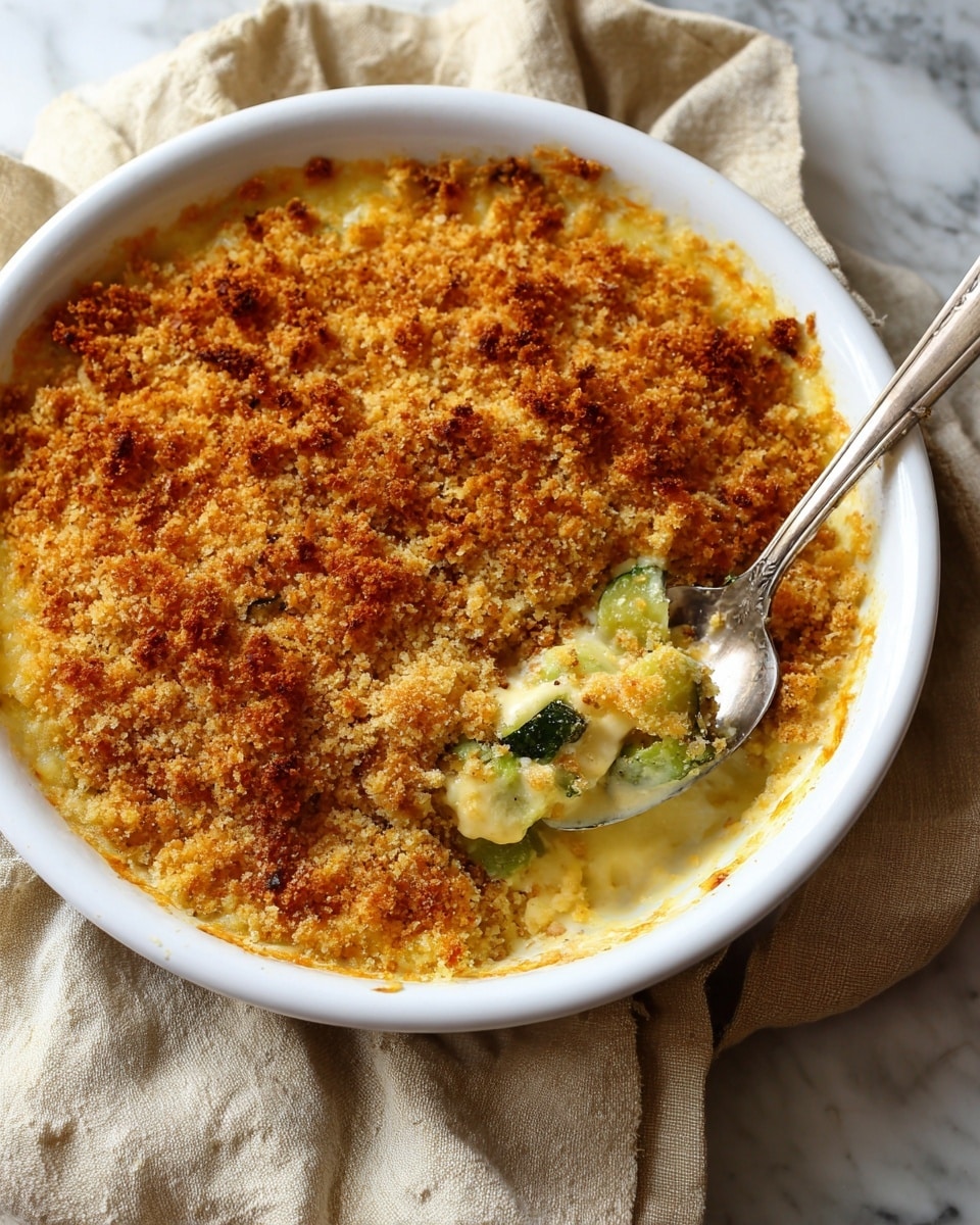 A round white ceramic baking dish holds a golden-brown baked casserole with a crispy breadcrumb topping that is unevenly textured, showing some darker toasted spots. Underneath the topping, there is a creamy, light yellow layer speckled with small green vegetable pieces, likely zucchini, visible where a spoon lifts a portion out of the dish. The spoon, held by a woman's hand, reveals the creamy inside with chunks of green vegetables mixed within. The dish sits on a crumpled off-white cloth with pale brown stripes against a white marbled textured surface. photo taken with an iphone --ar 4:5 --v 7