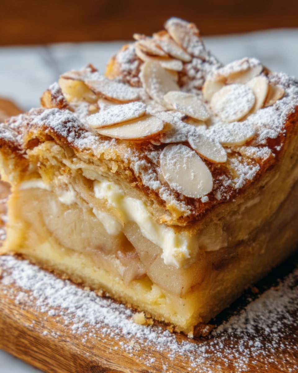 A close-up image of a square piece of baked apple cake placed on a wooden board with a white marbled texture background. The cake has multiple thin layers of soft, pale yellow apple slices stacked inside, with a light golden-brown crust on top covered in sliced almonds. A fine dusting of powdered sugar is scattered over the surface, highlighting the texture of the almonds and crust. The edges appear slightly crispy while the interior looks moist and creamy. Photo taken with an iphone --ar 4:5 --v 7
