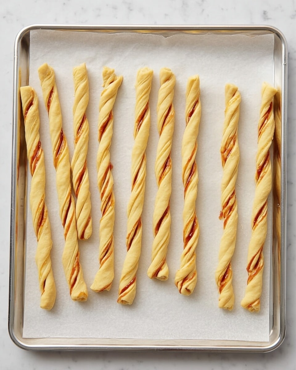 The image shows eleven twisted dough sticks laid out in a straight row on white parchment paper atop a silver baking tray. Each dough stick is made of light yellow dough twisted around a thin layer of reddish-orange sauce, giving them a spiral shape with uneven edges. The surface of the dough appears smooth and slightly soft, while the sauce peeks through in thin streaks. The baking tray is placed on a white marbled surface, creating a clean and simple setting. Photo taken with an iphone --ar 4:5 --v 7