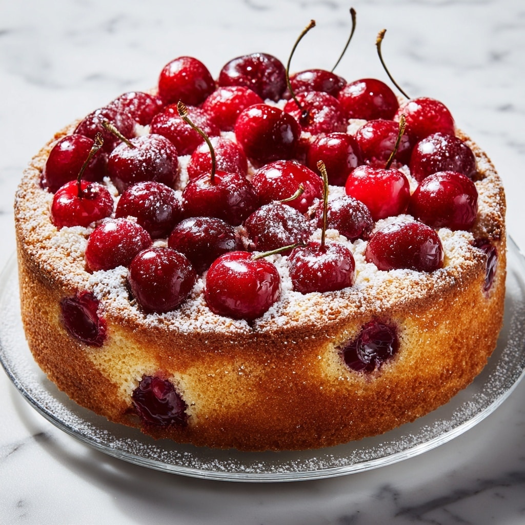 A round, single-layer cake with a golden-brown sponge base topped with whole and halved red cherries embedded in the surface, dusted lightly with white powdered sugar. The cake sits on a clear glass plate, placed on a white marbled texture. The cake has a soft and slightly rough texture with some cherries glistening and their juice seeping slightly into the cake. Photo taken with an iphone --ar 4:5 --v 7