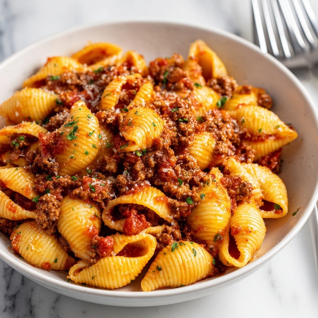 A close-up of a white bowl filled with cooked pasta shells mixed with a thick, chunky meat sauce. The pasta shells are golden yellow, coated in a rich, reddish-brown sauce with ground meat and small bits of tomato, giving it a textured look. Bits of green herbs are sprinkled throughout, adding specks of color. The pasta and sauce are evenly mixed, with the meat sauce filling and covering the shells. The bowl sits on a white marbled surface with a fork and knife blurred in the background. photo taken with an iphone --ar 4:5 --v 7