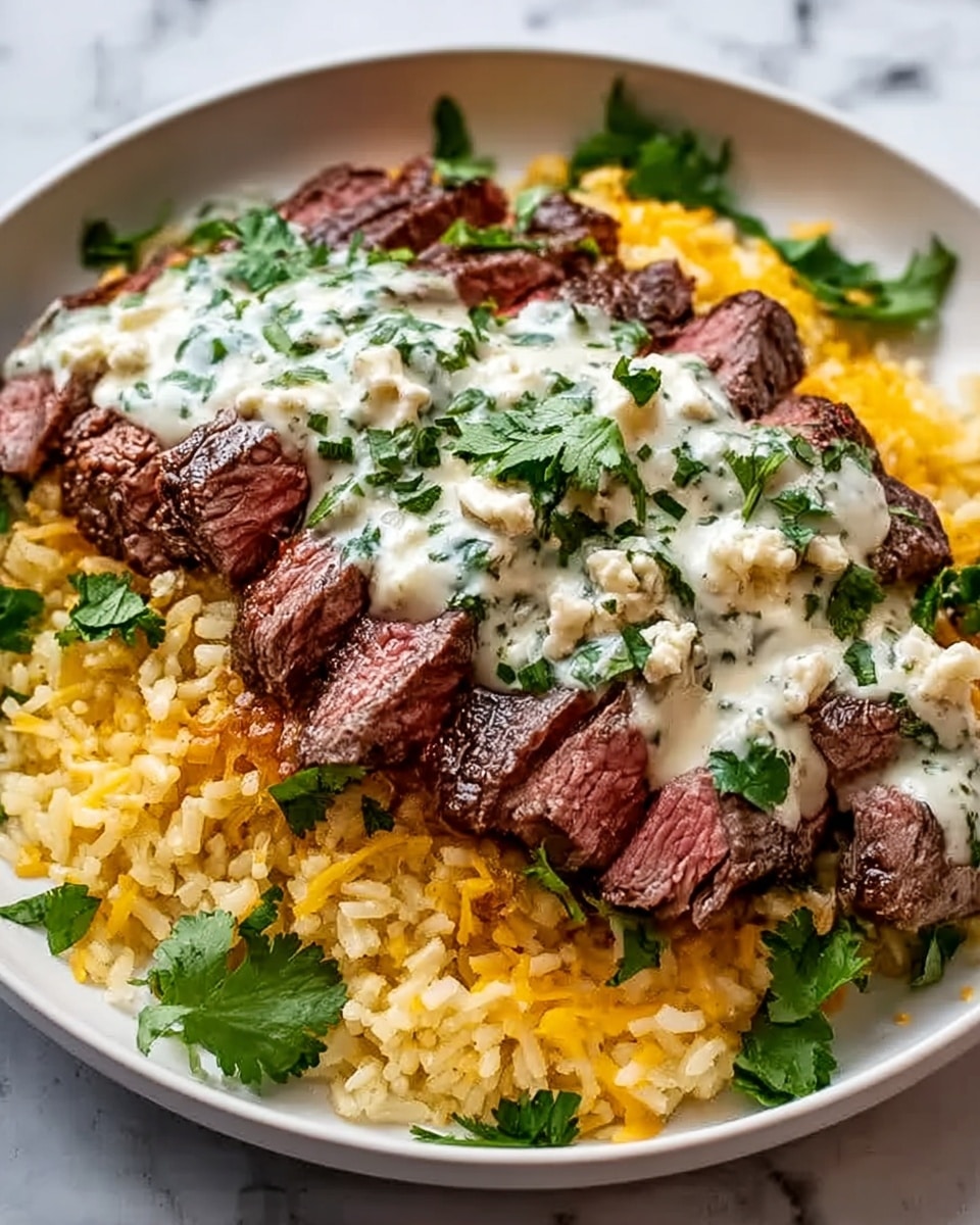 A white plate holds a serving of yellow rice with a soft, grainy texture at the base. On top of the rice, there are thick slices of cooked steak arranged in a circular pattern, showing a juicy pink inside with a browned outer crust. Over the steak, there is a drizzle of creamy white sauce mixed with green herbs and bits of melted yellow cheese. The dish is garnished with fresh, chopped green cilantro leaves scattered over the top and around the plate. The background is a white marbled texture. Photo taken with an iphone --ar 4:5 --v 7