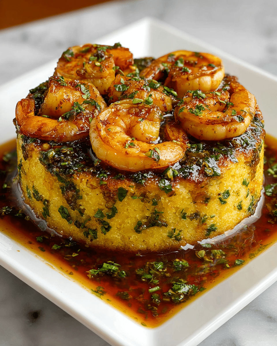 A round, thick yellow corn cake mixed with green herbs forms the bottom layer, with a slightly crispy brown top and visible small herb pieces throughout. On top, there are five cooked shrimp arranged in a loose circle, showing their pink and white curled bodies with a slight char and sprinkled green herbs. A green parsley sprig stands in the center on the shrimp. The cake sits in a pool of dark brown sauce with chopped green herbs spread around it, all served on a white square plate over a white marbled surface. Photo taken with an iphone --ar 4:5 --v 7