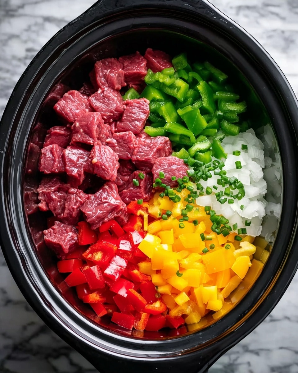 A black slow cooker bowl holds five distinct layers of ingredients arranged side by side by side, showing a clear division between each. Starting from the top right, there are raw beef chunks in rich red with some green bits sprinkled on top. Next to the beef towards the bottom right is a layer of white chopped onions with a few green bits mixed in. Moving to the bottom left, bright red chopped bell peppers fill the space. Above them, yellow chopped bell peppers add a bold contrast. Finally, in the top left corner, chopped green bell peppers complete the colorful mix. The photo is taken on a white marbled surface. Photo taken with an iphone --ar 4:5 --v 7